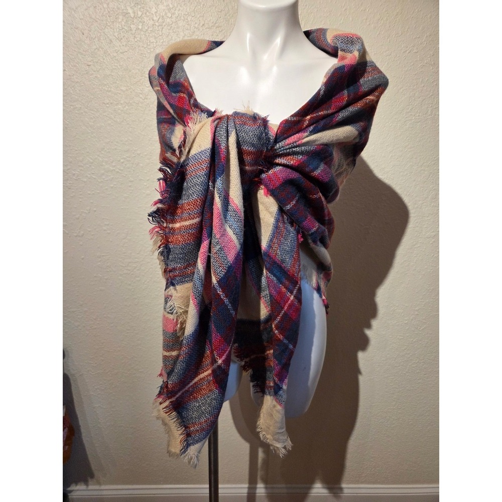 Unbranded Women Plaid Blanket Scarf Navy‎ Pink Cream Fringe Wrap Shawl Oversized